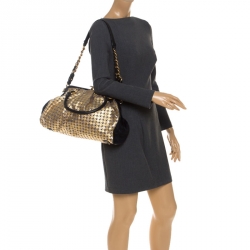 Pre Owned Marc Jacobs Black/Gold Houndstooth Print Leather and Fur Little Stam Shoulder Bag