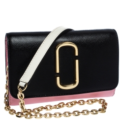 Marc Jacbos Pink/Black Leather Snapshot Wallet On Chain