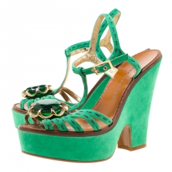 Marc Jacobs Green Suede Crystal Flower Embellished Ankle Strap Platform Sandals Size 36