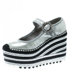 Pre Owned Marc Jacobs Metallic Silver Leather Suzi Crystal Embellished Brooch Mary Jane Espadrille Platforms Size 36