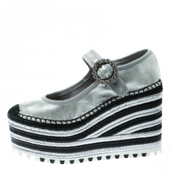 Pre Owned Marc Jacobs Metallic Silver Leather Suzi Crystal Embellished Brooch Mary Jane Espadrille Platforms Size 36