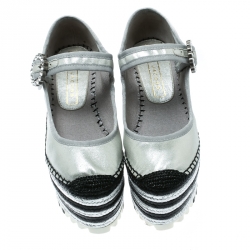 Pre Owned Marc Jacobs Metallic Silver Leather Suzi Crystal Embellished Brooch Mary Jane Espadrille Platforms Size 36