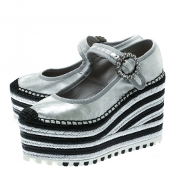 Pre Owned Marc Jacobs Metallic Silver Leather Suzi Crystal Embellished Brooch Mary Jane Espadrille Platforms Size 36