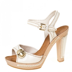 Pre Owned Marc Jacobs White Leather Buckle Detail Ankle Strap Wooden Platform Sandals Size 37