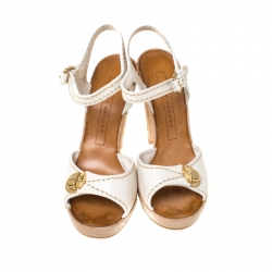 Pre Owned Marc Jacobs White Leather Buckle Detail Ankle Strap Wooden Platform Sandals Size 37
