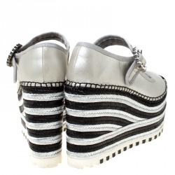 Pre Owned Marc Jacobs Metallic Silver Crystal Embellished Leather Suzi Mary Jane Espadrille Platforms Size 38