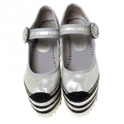Pre Owned Marc Jacobs Metallic Silver Crystal Embellished Leather Suzi Mary Jane Espadrille Platforms Size 38