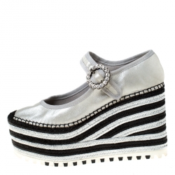 Pre Owned Marc Jacobs Metallic Silver Crystal Embellished Leather Suzi Mary Jane Espadrille Platforms Size 38