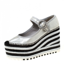 Pre Owned Marc Jacobs Metallic Silver Crystal Embellished Leather Suzi Mary Jane Espadrille Platforms Size 38