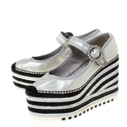 Pre Owned Marc Jacobs Metallic Silver Crystal Embellished Leather Suzi Mary Jane Espadrille Platforms Size 38