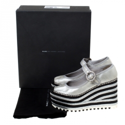 Pre Owned Marc Jacobs Metallic Silver Crystal Embellished Leather Suzi Mary Jane Espadrille Platforms Size 38