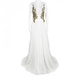 Marchesa White Ruched Detail Embellished Tulle Gown XL