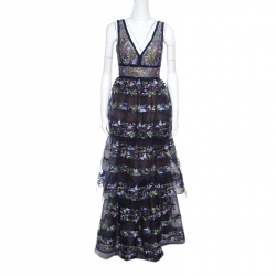 Marchesa Notte Blue Tiered Floral and Butterfly Embroidered Evening Gown XS