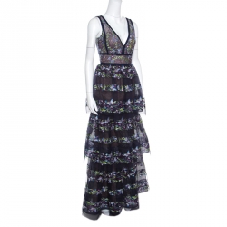 Marchesa Notte Blue Tiered Floral and Butterfly Embroidered Evening Gown XS