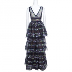 Marchesa Notte Blue Tiered Floral and Butterfly Embroidered Evening Gown XS
