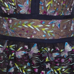 Marchesa Notte Blue Tiered Floral and Butterfly Embroidered Evening Gown XS