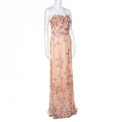 Marchesa Notte Peach Floral Embroidered Sequin Embellished Detail Strapless Evening Gown M