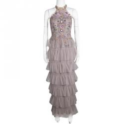Pre Owned Marchesa Notte Purple Embellished Halter Neck Tiered Gown S