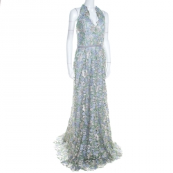 Pre Owned Marchesa Notte Pale Blue Guipure Floral Lace Overlay Halter Gown L