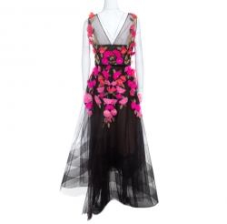 Pre Owned Marchesa Notte Black Tulle Sleeveless 3D Floral High Low Gown M 