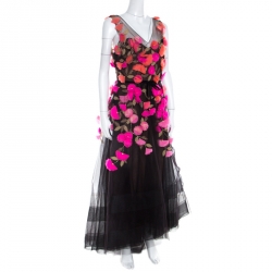 Pre Owned Marchesa Notte Black Tulle Sleeveless 3D Floral High Low Gown M 