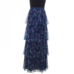 Marchesa Voyage Iris Blue Printed Tulle Pleated Column Skirt M