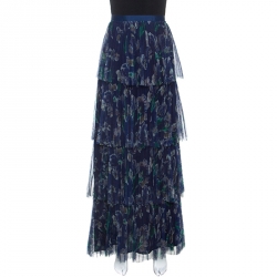 Marchesa Voyage Iris Blue Printed Tulle Pleated Column Skirt M