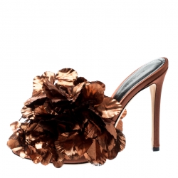 Marco De Vincenzo Metallic Bronze Silk Flower And Satin Open Toe Mules Size 36