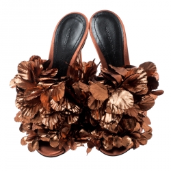 Marco De Vincenzo Metallic Bronze Silk Flower And Satin Open Toe Mules Size 36
