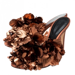 Marco De Vincenzo Metallic Bronze Silk Flower And Satin Open Toe Mules Size 36