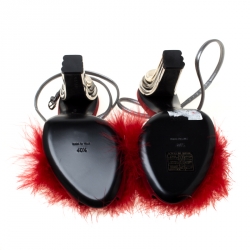 Pre Owned Marco De Vincenzo Red Marabou Feathers Embellished Ankle Strap Sandals Size 40.5