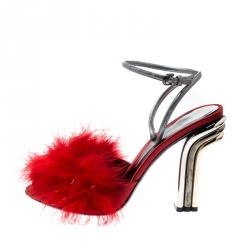 Pre Owned Marco De Vincenzo Red Marabou Feathers Embellished Ankle Strap Sandals Size 40.5