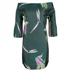 Pre Owned Marni Spherical Green Jacquard Kapfu Motif Off Shoulder Shift Dress M