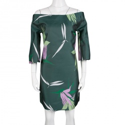 Pre Owned Marni Spherical Green Jacquard Kapfu Motif Off Shoulder Shift Dress M