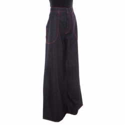 Pre Owned Marni Indigo Dark Wash Denim Contrast Top Stitch Detail Wide Leg Jeans L