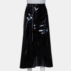 Black Faux Patent Leather Hanging Thread Detail Midi Skirt