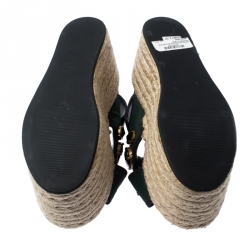 Pre Owned Marni Black Leather And Green Fabric Crystal Embellished Slingback Platform Espadrille Flat Sandals Size 40