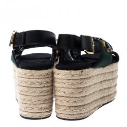 Pre Owned Marni Black Leather And Green Fabric Crystal Embellished Slingback Platform Espadrille Flat Sandals Size 40
