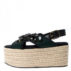 Pre Owned Marni Black Leather And Green Fabric Crystal Embellished Slingback Platform Espadrille Flat Sandals Size 40
