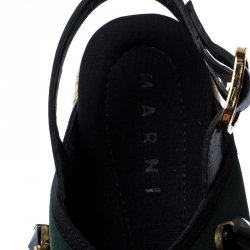 Pre Owned Marni Black Leather And Green Fabric Crystal Embellished Slingback Platform Espadrille Flat Sandals Size 40