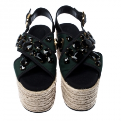 Pre Owned Marni Black Leather And Green Fabric Crystal Embellished Slingback Platform Espadrille Flat Sandals Size 40