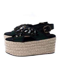 Pre Owned Marni Black Leather And Green Fabric Crystal Embellished Slingback Platform Espadrille Flat Sandals Size 40