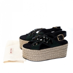 Pre Owned Marni Black Leather And Green Fabric Crystal Embellished Slingback Platform Espadrille Flat Sandals Size 40