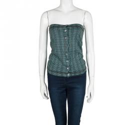 Pre Owned Marni Blue and Brown Checked Knit Button Front Strapless Top M