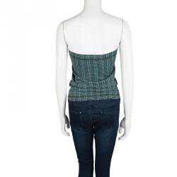 Pre Owned Marni Blue and Brown Checked Knit Button Front Strapless Top M