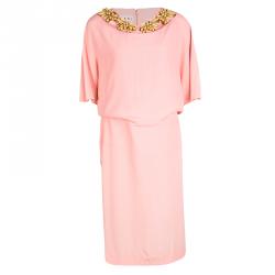 Marni Peach Embellished Neck Detail Short Sleeve Dress M