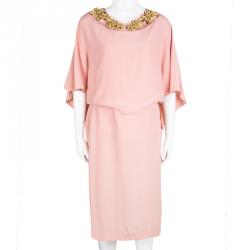 Marni Peach Embellished Neck Detail Short Sleeve Dress M