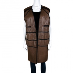 Marni Brown Quilted Lamb Leather Jersey Lined Long Open Front Vest M 