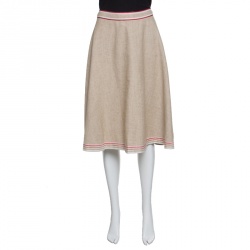 Pre Owned Marni Brown Cotton Flax Contrast Trim Detail Textured Midi Skirt M