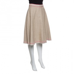 Pre Owned Marni Brown Cotton Flax Contrast Trim Detail Textured Midi Skirt M